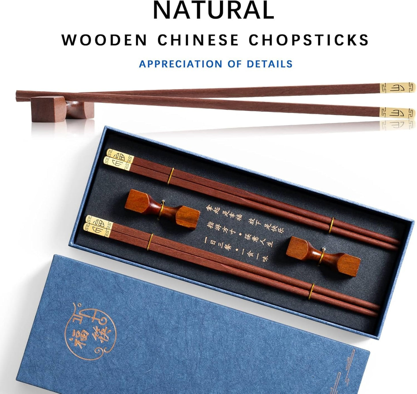 2 Pairs of 9.2 Inch Reusable Chopsticks,Square-shaped Rest + Gold Fortune-tip Grooved Chop Sticks, Wood Reusable Chopsticks for Adults, Chinese Wooden Chopstick for Eating & Rests Present Set