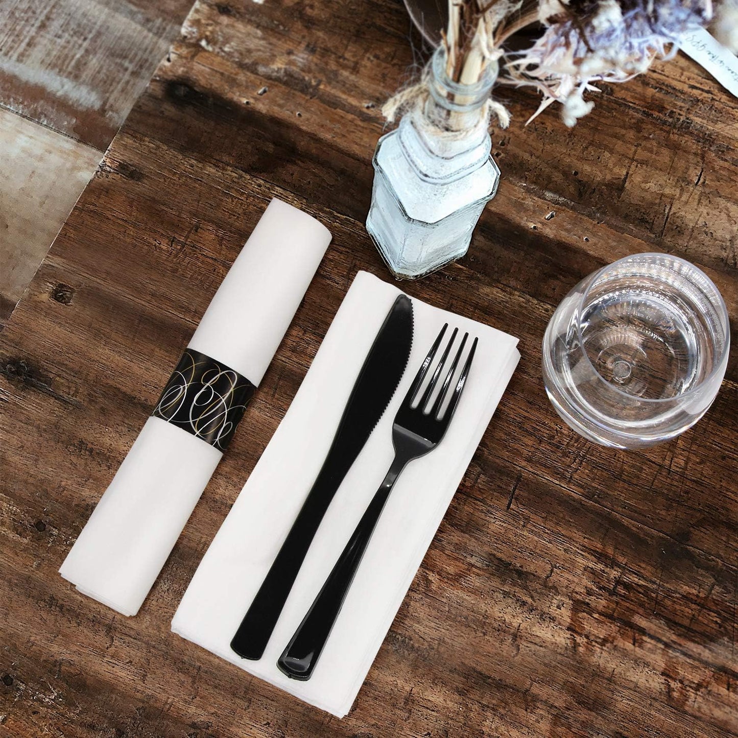 Party Essentials Party Supplies Wrapped Silverware Set Disposable, Pre Rolled Napkin and Cutlery, Forks/Knives Black
