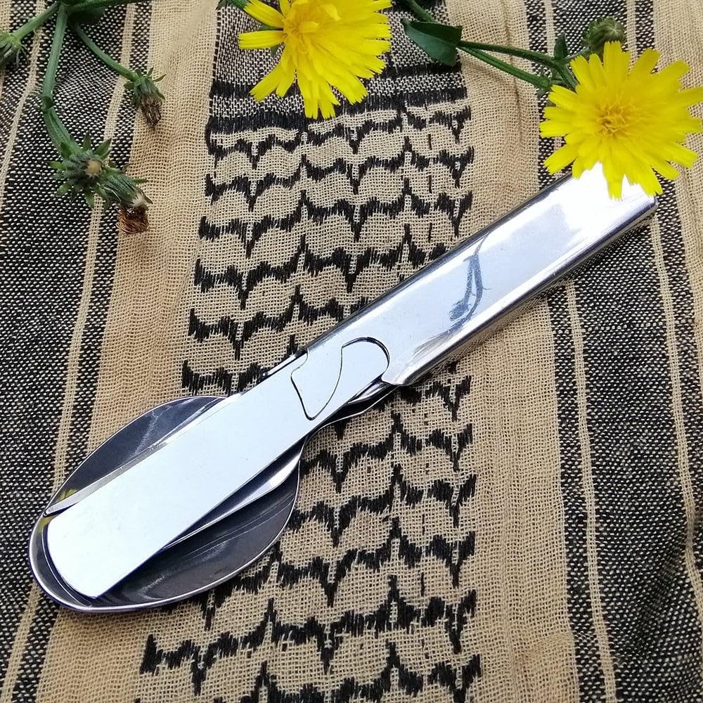 Compact 4 in 1 Utensil Set of Spoon Knife Fork and Bottle Can Opener Combo Military Camping Dinner