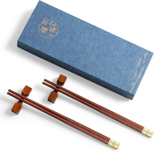 2 Pairs of 9.2 Inch Reusable Chopsticks,Square-shaped Rest + Gold Fortune-tip Grooved Chop Sticks, Wood Reusable Chopsticks for Adults, Chinese Wooden Chopstick for Eating & Rests Present Set